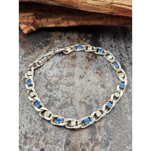 Dainty 8" Stainless Steel Figaro Tennis Bracelet Blue and Clear Rhinestones - Picture 2 of 2